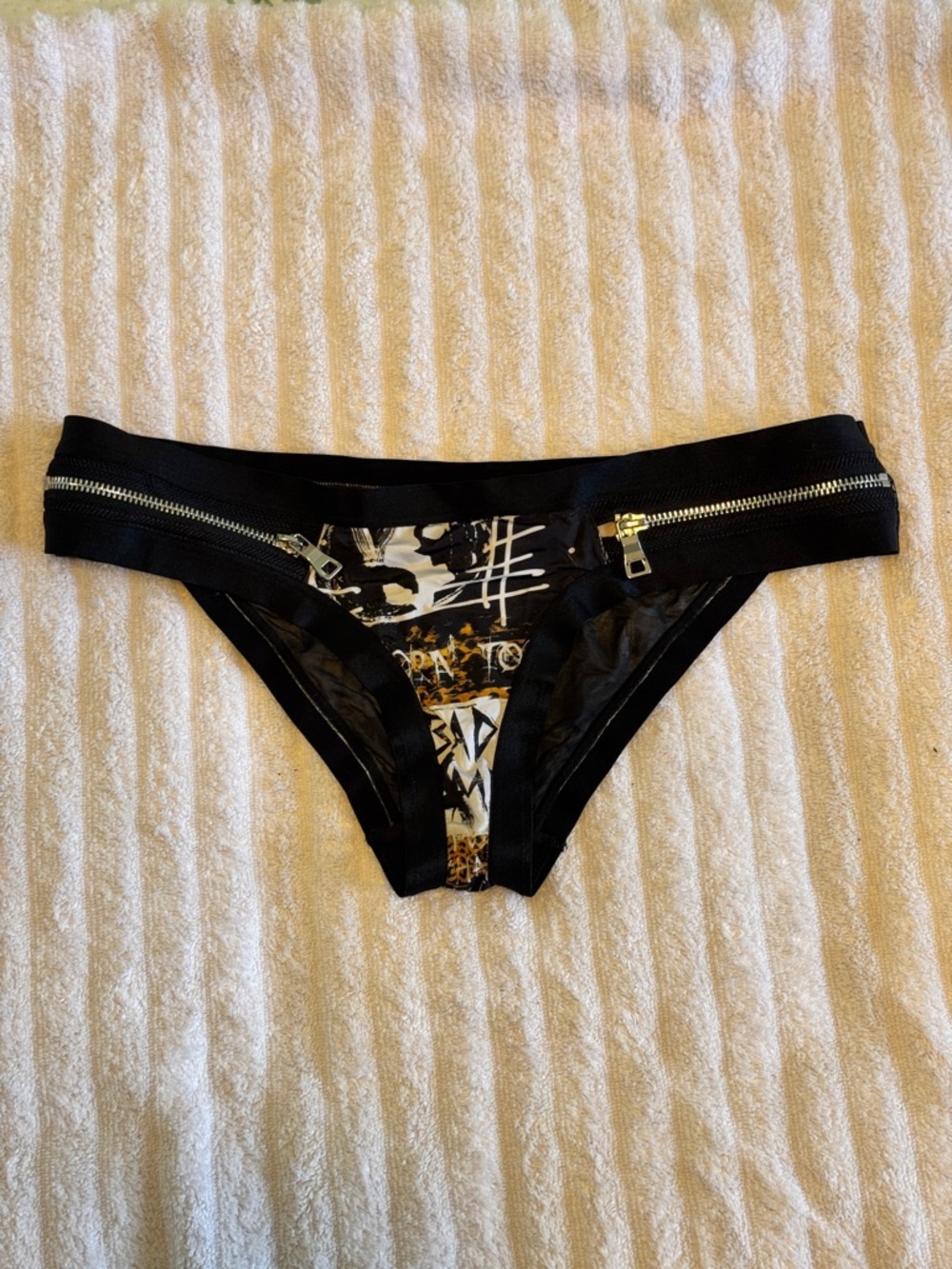 Victoria's Secret Black & Gold Zip-Accent Low-Rise Bikini Panty